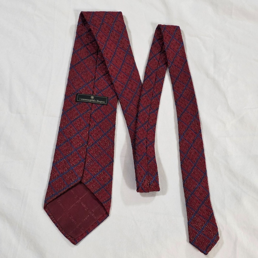 Ermenegildo Zegna Silk Wool Blend Jacquard Tie Red‎ Blue Diamond Pattern Luxury